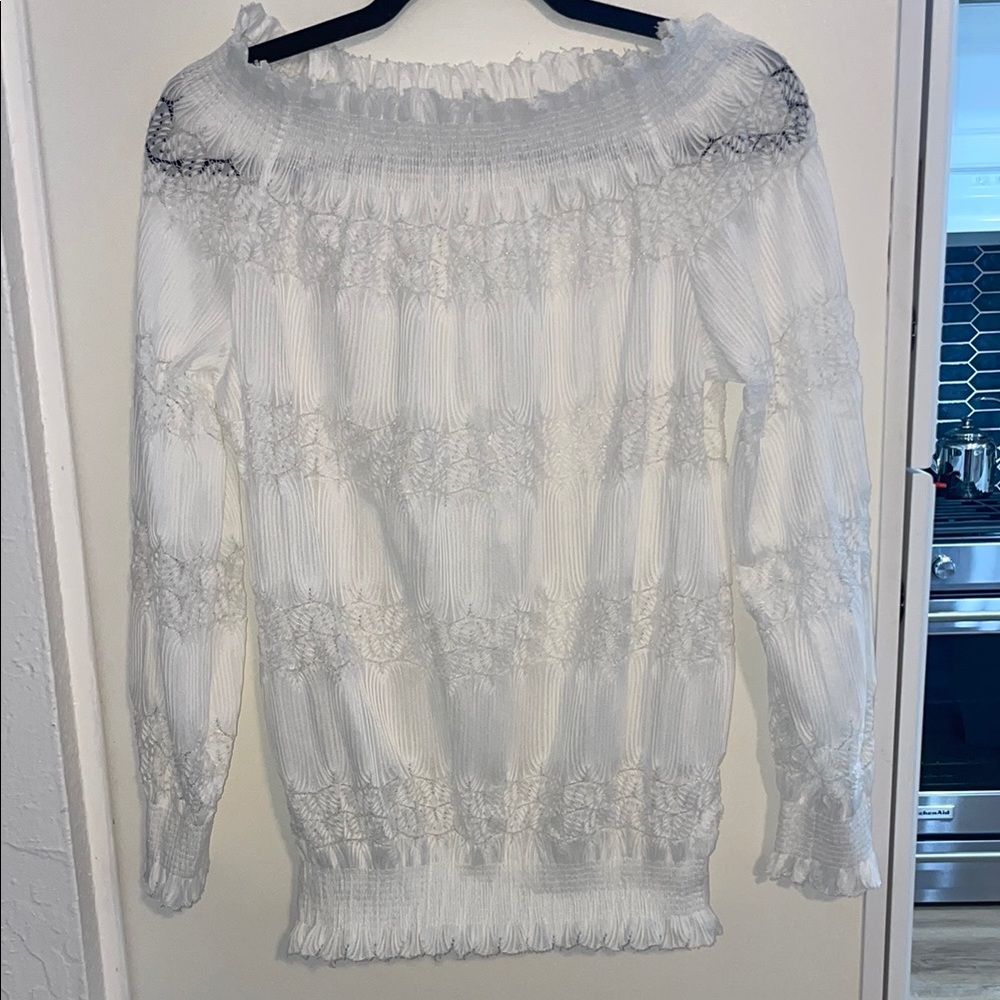 White Off-Shoulder White Lace Sheer Blouse | XL